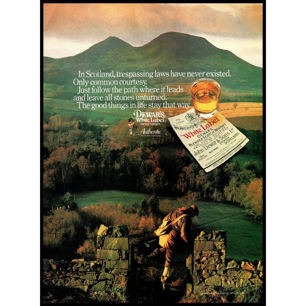1986 Dewars White Label Scotch Whisky Vintage Print Ad Highlands Fly Fishing Rod
